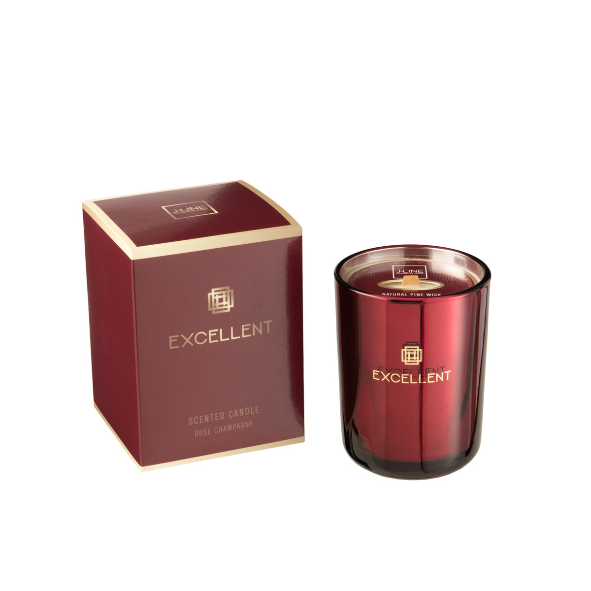 Geurkaars Excellent Rose Champagne wijnrood glas met gouden logo naast de wijnrode geschenkdoos