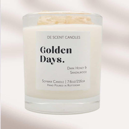 Geurkaars Golden Days met Edelstenen Incl Spotify Playlist - Geurkaars - De Scent - livinglovely.nl