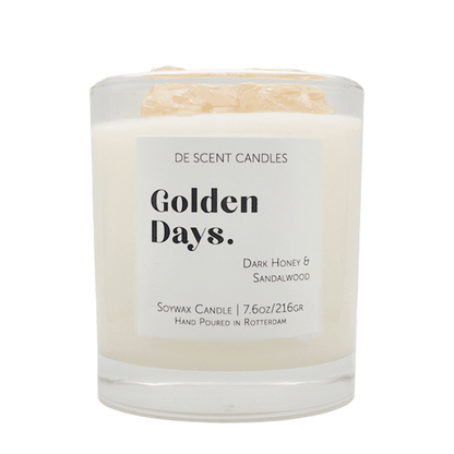 Geurkaars Golden Days met Edelstenen Incl Spotify Playlist - Geurkaars - De Scent - livinglovely.nl