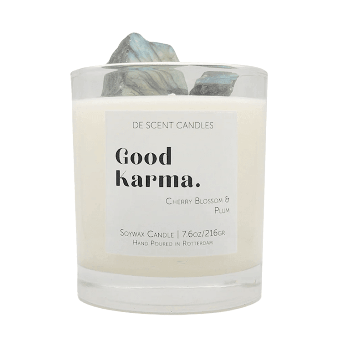 Geurkaars Good Karma met Edelstenen Incl Spotify Playlist - Geurkaars - De Scent - livinglovely.nl