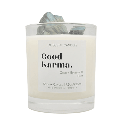 Geurkaars Good Karma met Edelstenen Incl Spotify Playlist - Geurkaars - De Scent - livinglovely.nl