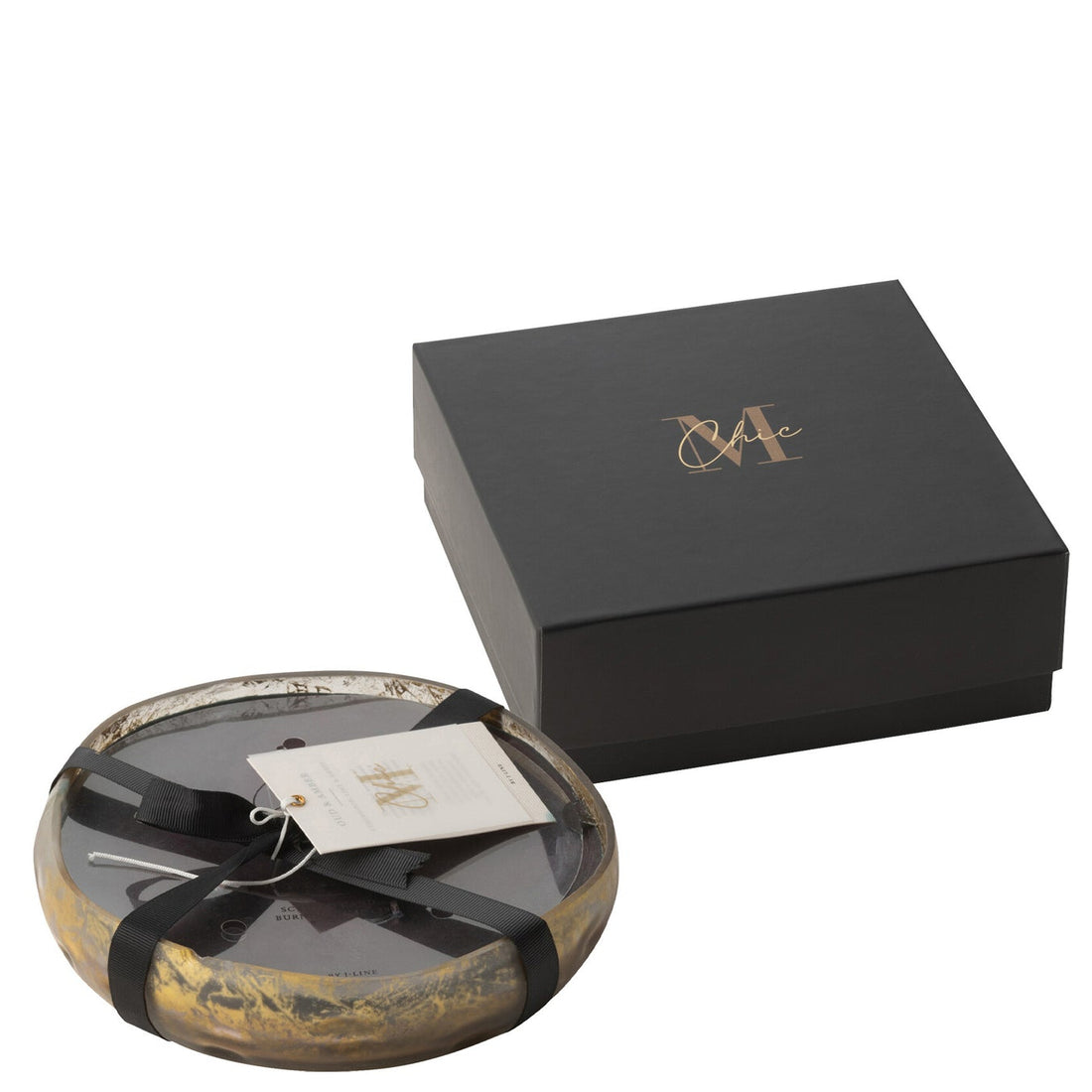 Geurkaars M-Chic Glas Goud/Zwart Medium van J-Line, ronde kaars in goudkleurig glas met zwarte was naast zwarte cadeaudoos