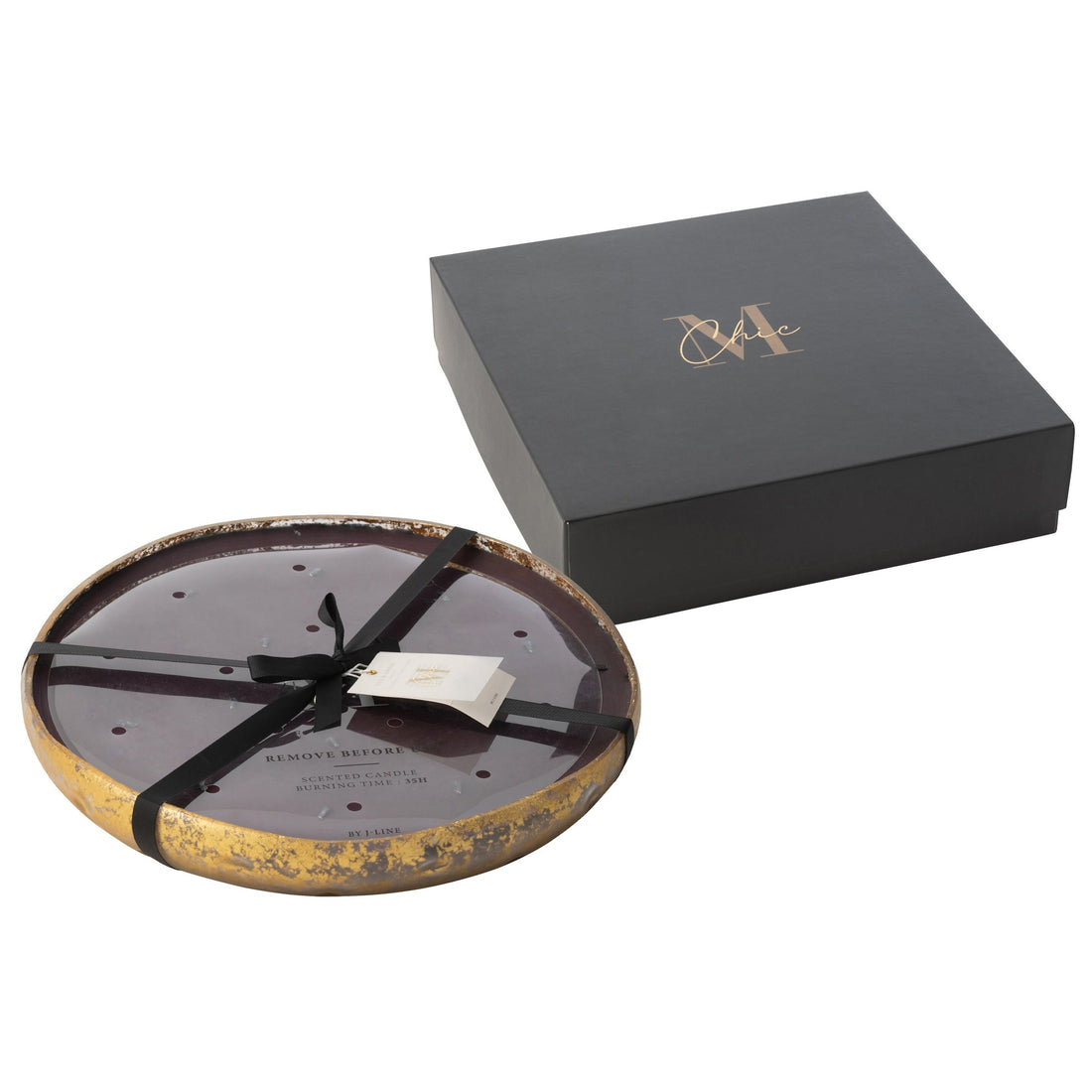 Geurkaars M-Chic XL van J-Line in gouden glazen schaal naast zwarte cadeaudoos