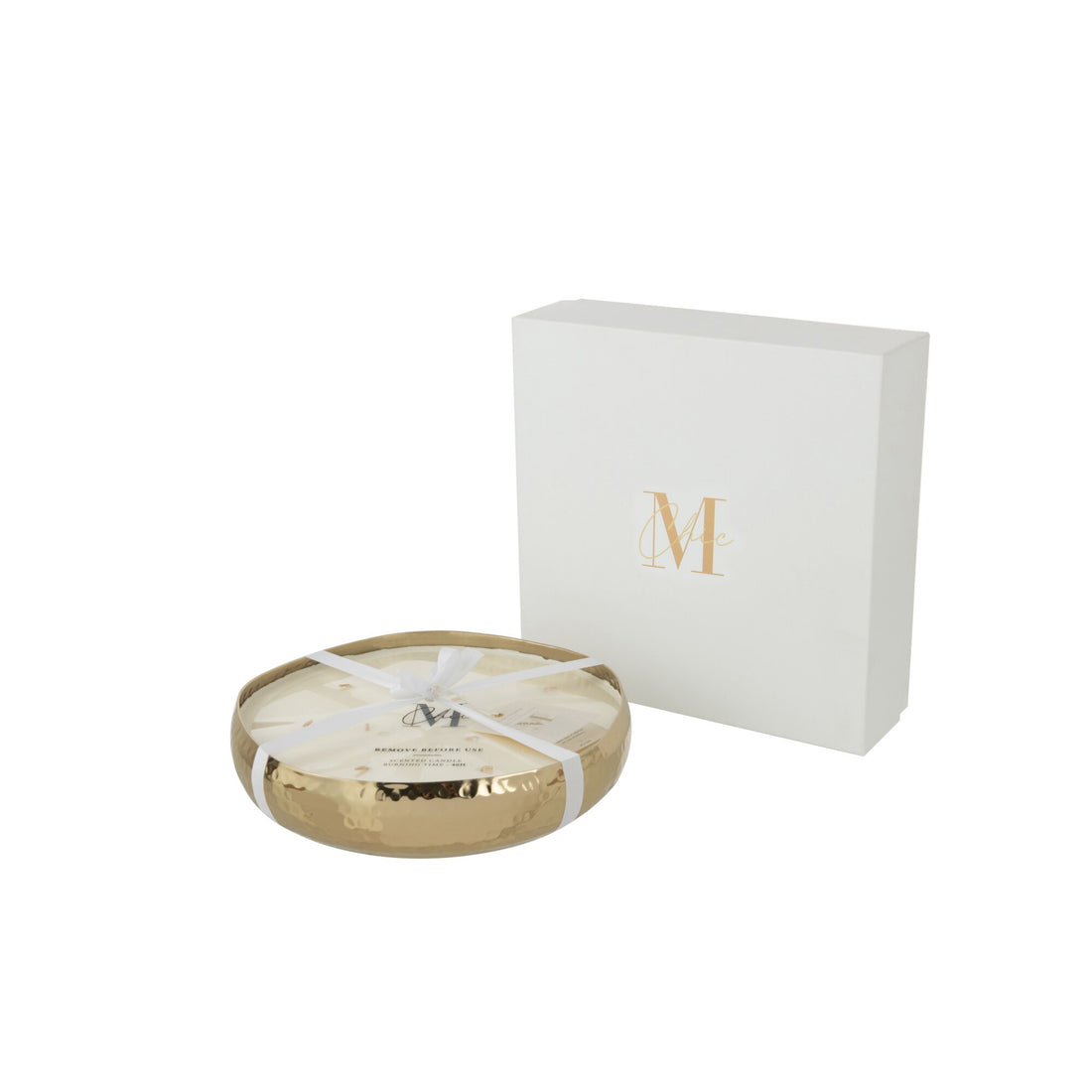 Geurkaars M-Chic Metaal Goud Large van J-Line, ronde goudkleurige metalen houder met witte was naast witte cadeaudoos