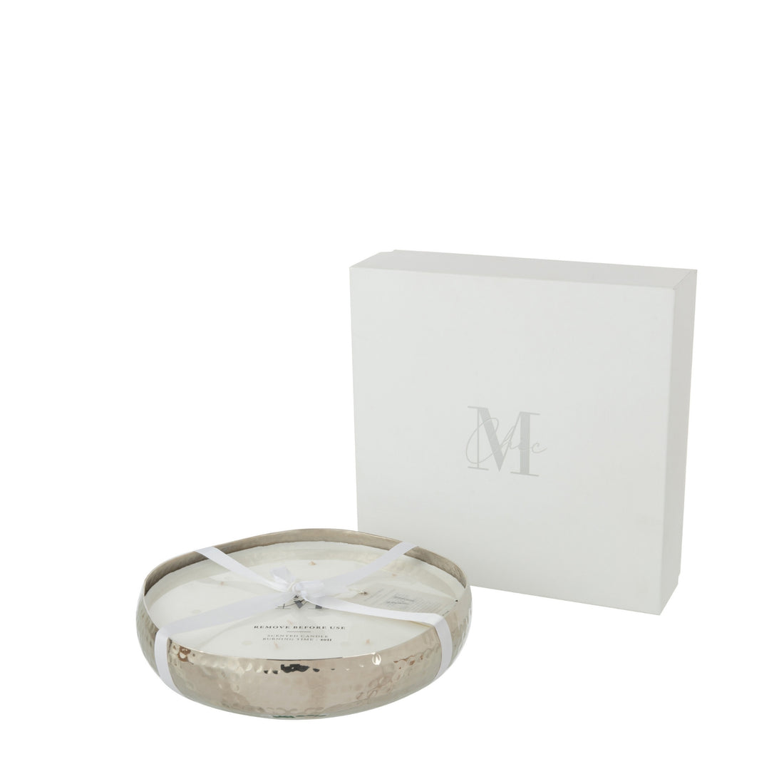Geurkaars M-Chic Metaal Zilver Large van J-Line, ronde zilverkleurige metalen houder met witte was naast witte cadeaudoos