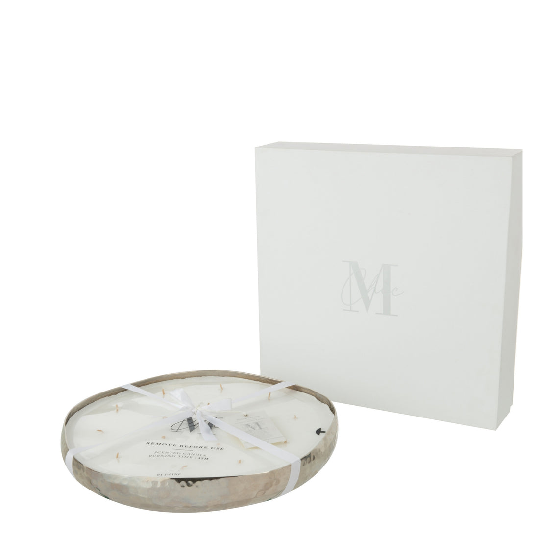 Geurkaars M-Chic Metaal Zilver XL van J-Line, ronde zilverkleurige metalen houder met witte was naast witte cadeaudoos