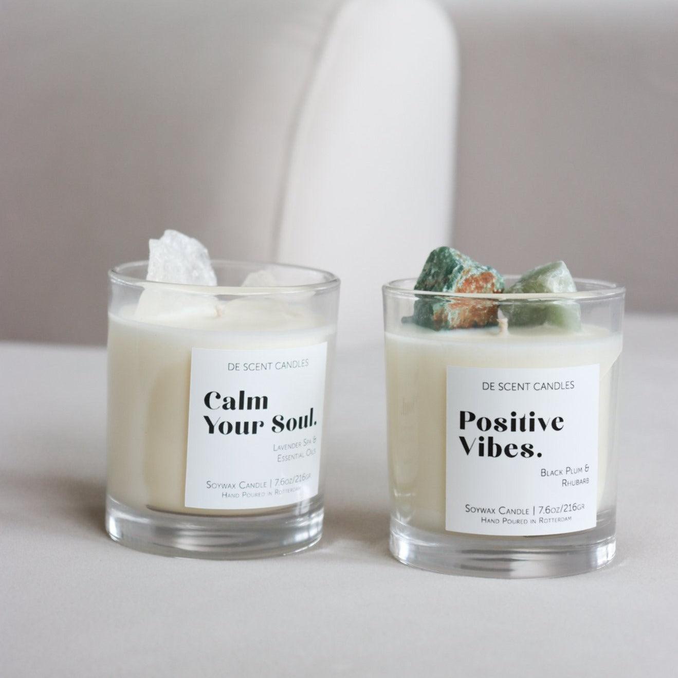 Geurkaars Positive Vibes met Edelstenen Incl Spotify Playlist - Geurkaars - De Scent - livinglovely.nl