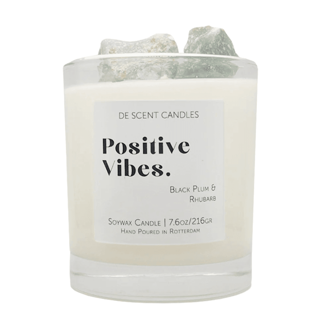 Geurkaars Positive Vibes met Edelstenen Incl Spotify Playlist - Geurkaars - De Scent - livinglovely.nl
