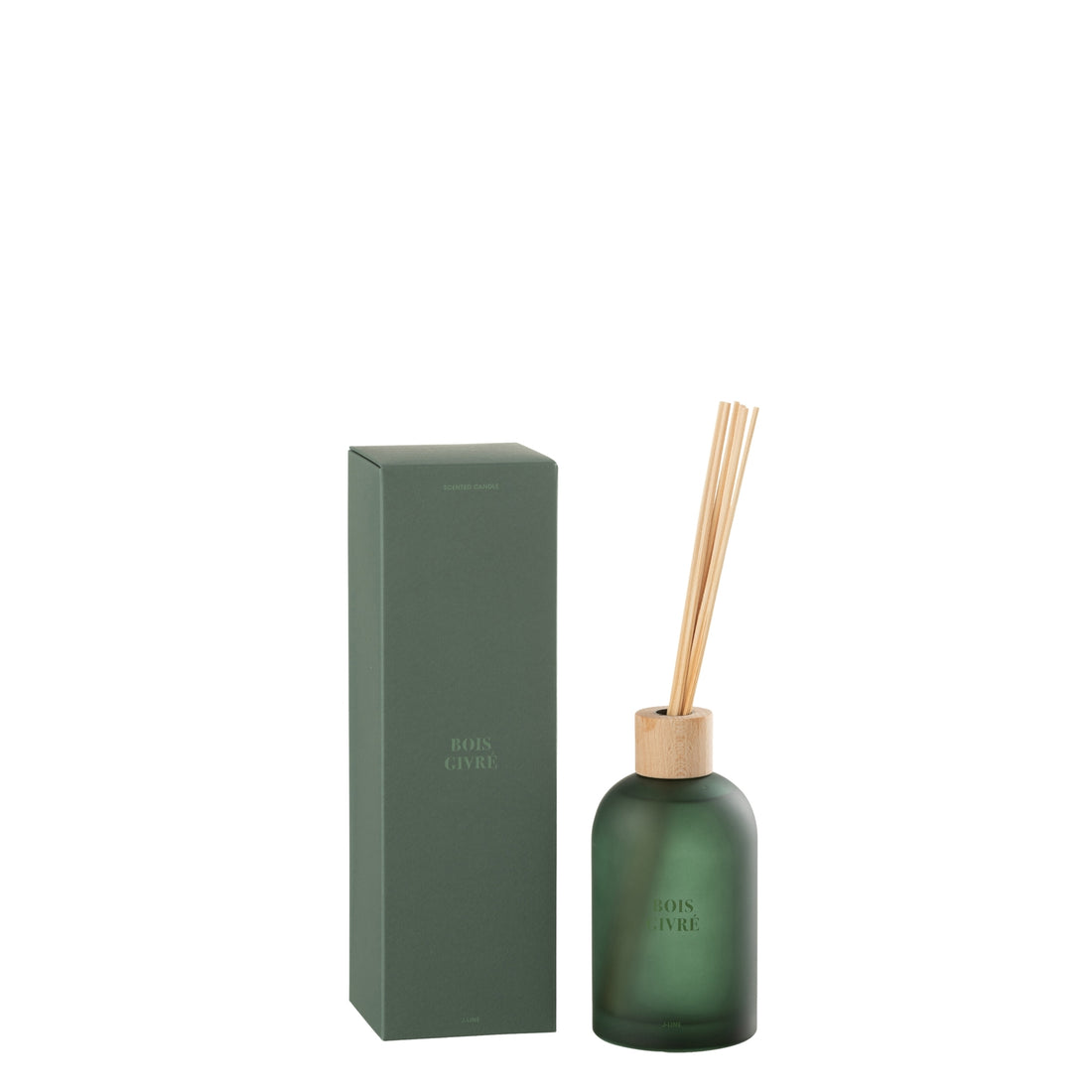 Geurstokjes Accords Essentiels Bois Givré 250ml van J-Line, groene glazen fles met geurstokjes naast de geschenkdoos