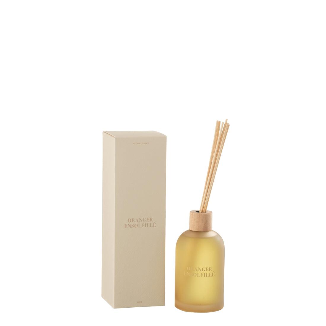 Geurstokjes Accords Essentiels Oranger Ensoleillé 250ml van J-Line, gele glazen fles met geurstokjes naast de geschenkdoos