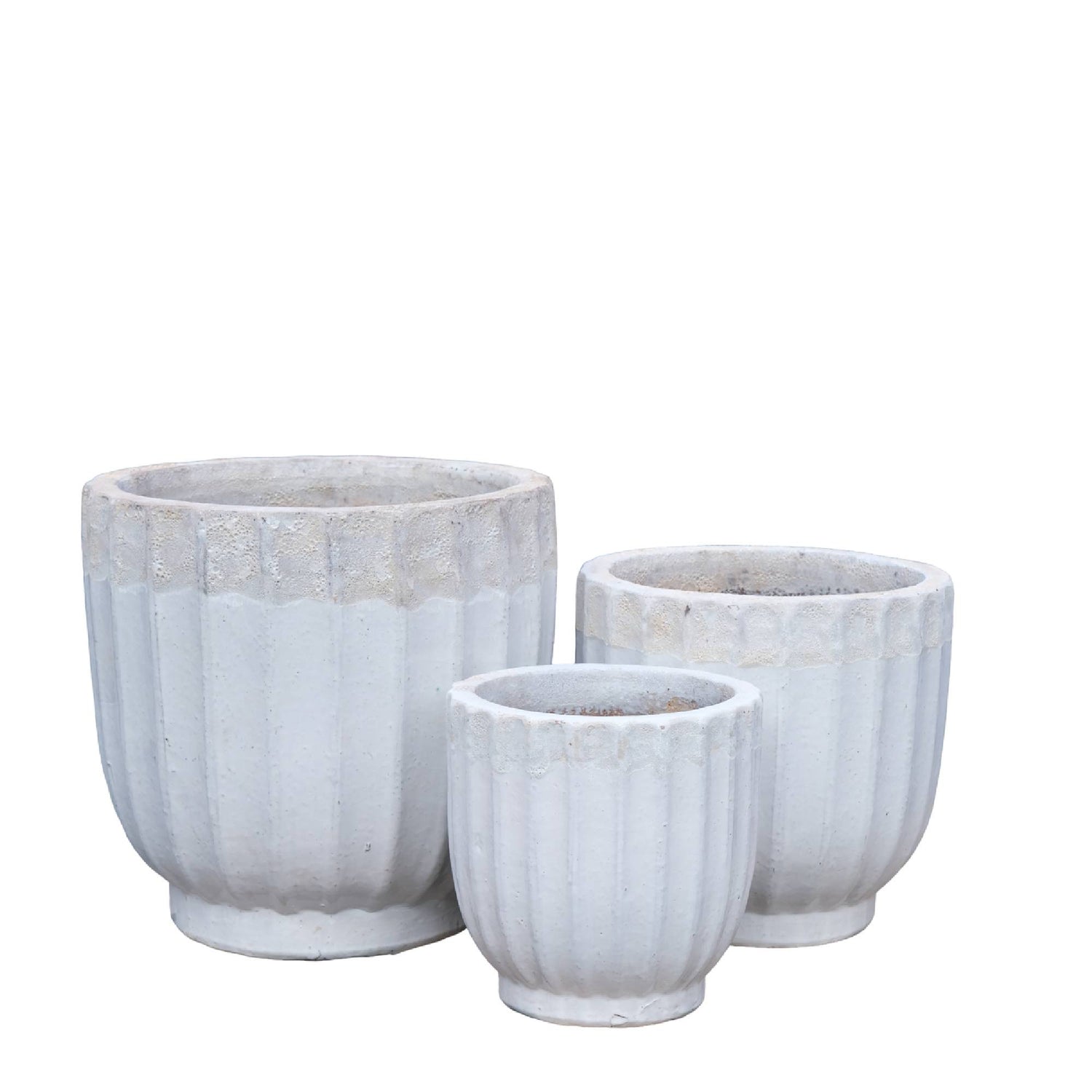 Gilliann White Round Ceramic Pot Ribbed Low Set van 3 PTMD - Pot - PTMD - livinglovely.nl