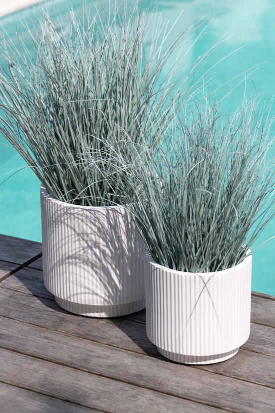 Grassen In Pot Metaal Plastiek Blauw/Groen Medium - Kunstplant - J-Line - livinglovely.nl