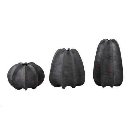 Grayson Black Ceramic Round Ribbed Vase Low Dia30cmxH22cm PTMD - Vaas - PTMD - livinglovely.nl