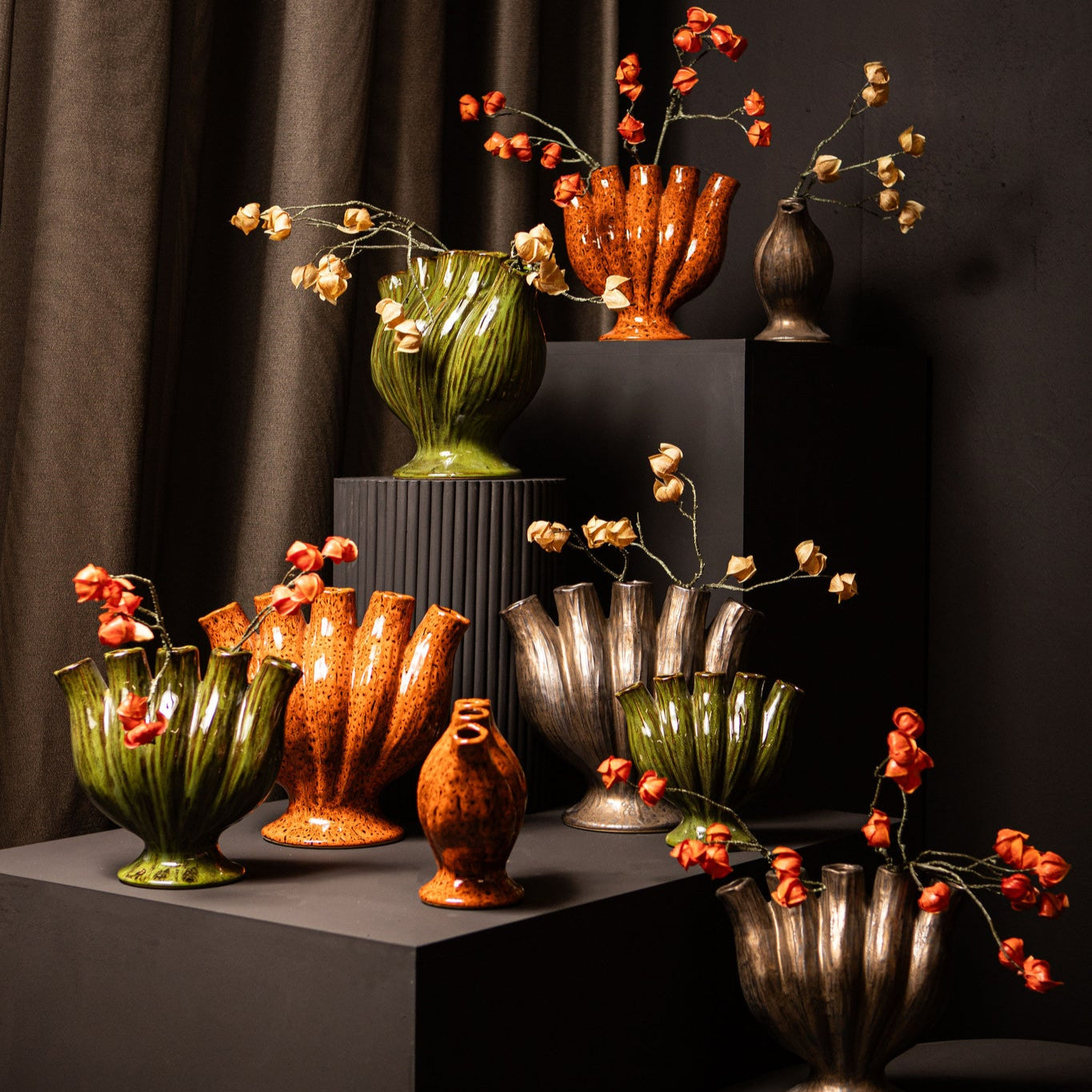 Gylian Green Tubes Shaped Ceramic Vaas L 33x 17.5x 30cm PTMD - Vaas - PTMD - livinglovely.nl