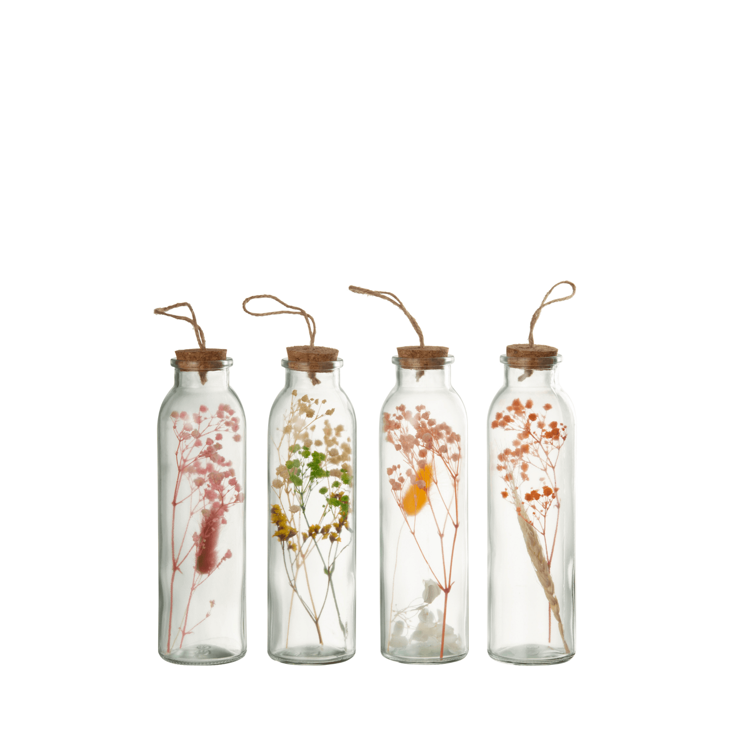 Hangende Flessen Kleurrijk Gedroogde Bloemen Glas Mix Medium Set van 4 - Paas - J-Line - livinglovely.nl