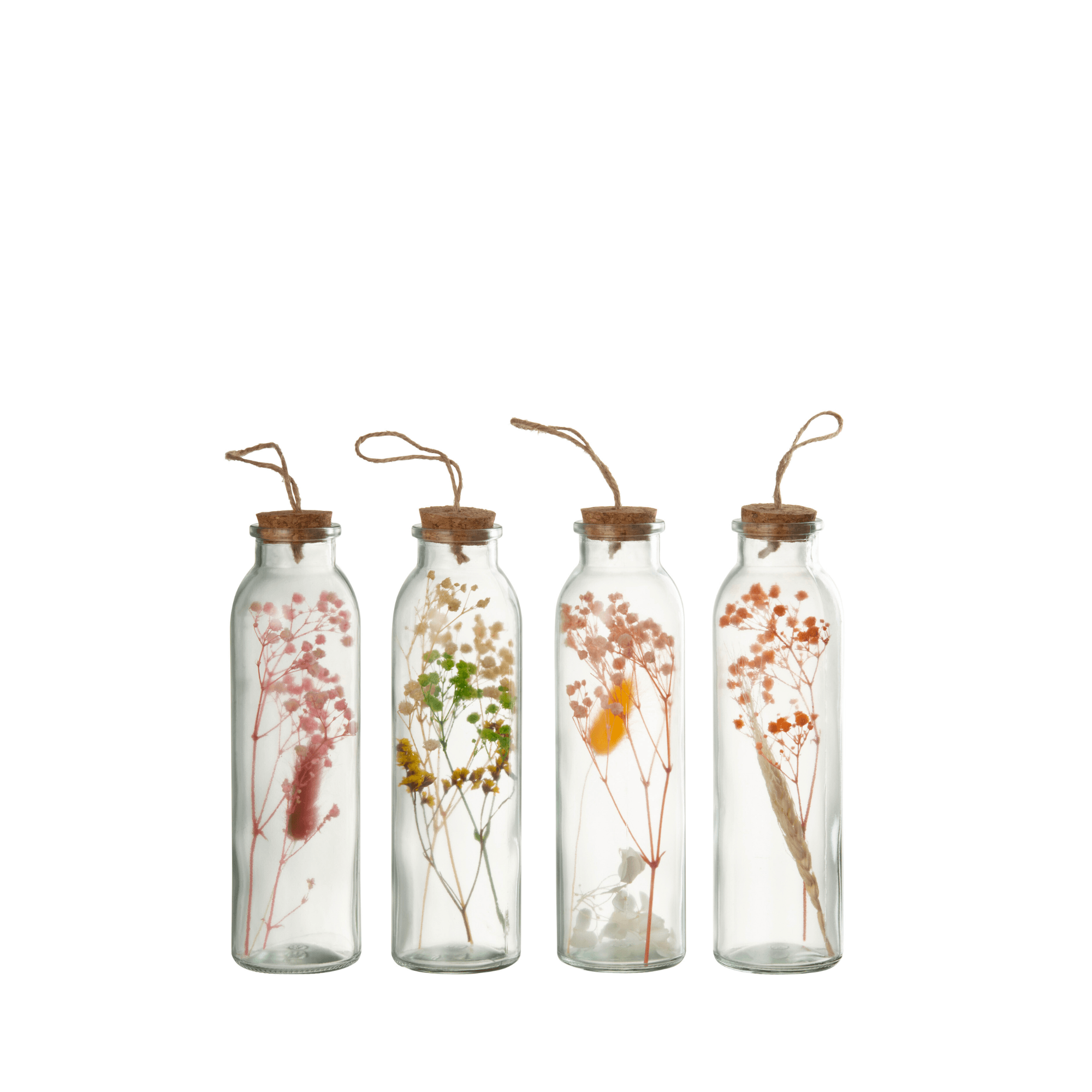 Hangende Flessen Kleurrijk Gedroogde Bloemen Glas Mix Medium Set van 4 - Paas - J-Line - livinglovely.nl