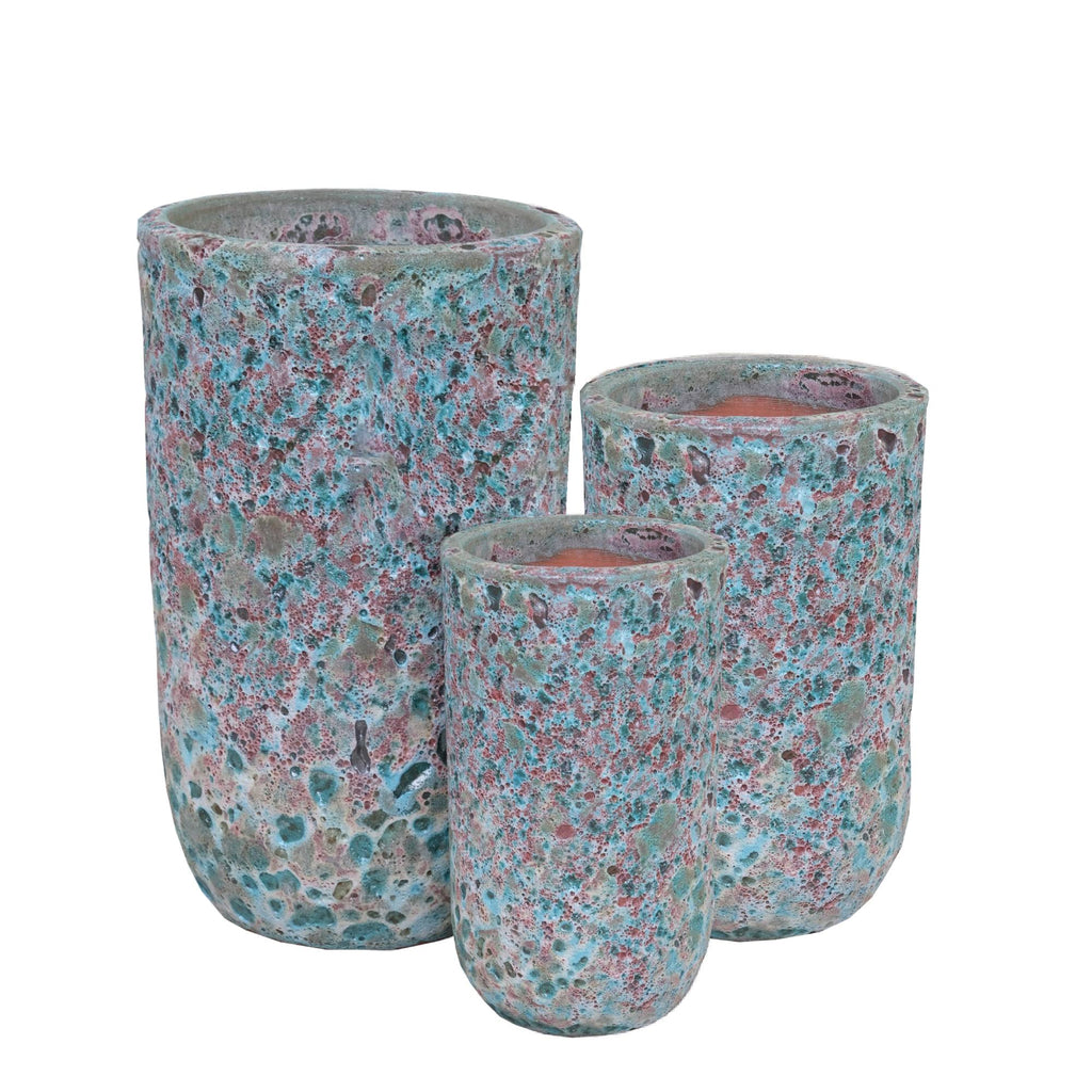 Hiza Green Round Ceramic Pot Rough Finish High Set van 3 PTMD - Pot - PTMD - livinglovely.nl