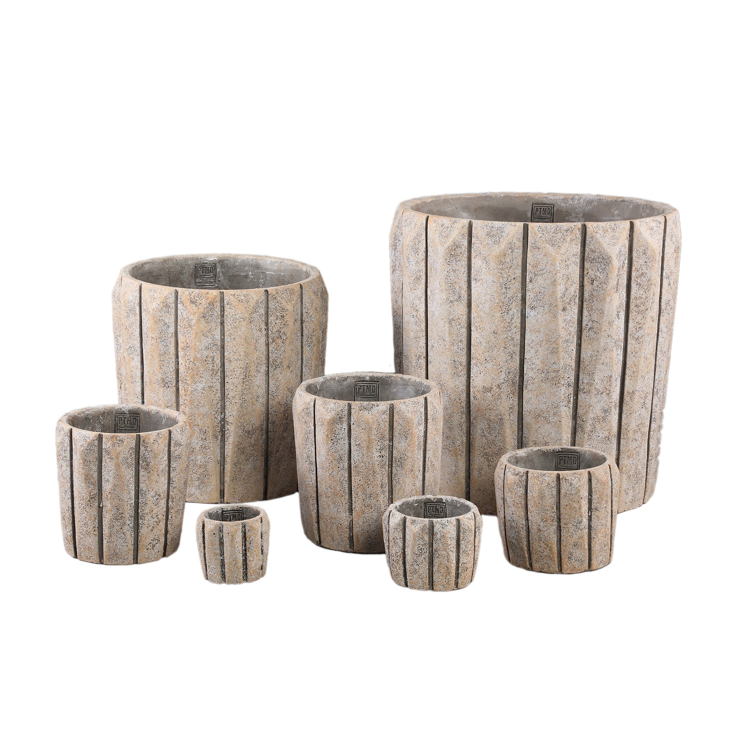 Imani Taupe Cement Pot Round With Lines Big S PTMD - Pot - PTMD - livinglovely.nl