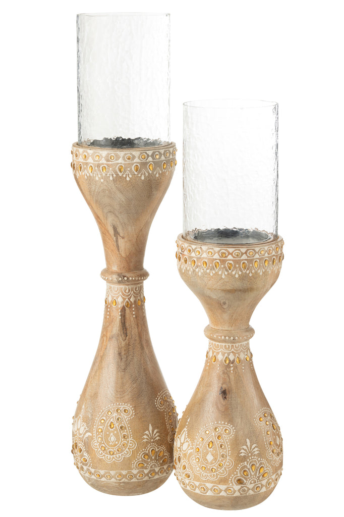 Kandelaar Kralen Mango Hout Naturel/Wit Large - Kandelaar - J-Line - livinglovely.nl