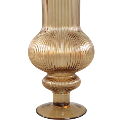 Keala Amber Round Ribbed Glass Vase On Base L Dia 15,5xH50cm PTMD - Vaas - PTMD - livinglovely.nl