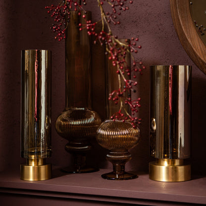 Keala Amber Round Ribbed Glass Vase On Base L Dia 15,5xH50cm PTMD - Vaas - PTMD - livinglovely.nl