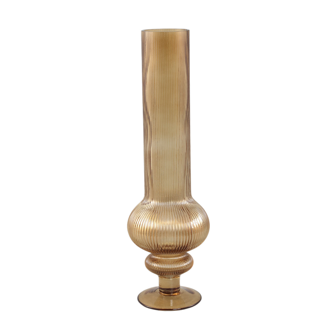 Keala Amber Round Ribbed Glass Vase On Base L Dia 15,5xH50cm PTMD - Vaas - PTMD - livinglovely.nl