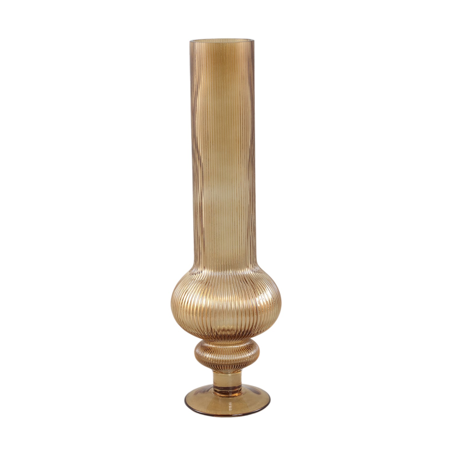Keala Amber Round Ribbed Glass Vase On Base L Dia 15,5xH50cm PTMD - Vaas - PTMD - livinglovely.nl