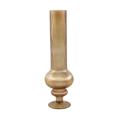 Keala Amber Round Ribbed Glass Vase On Base L Dia 15,5xH50cm PTMD - Vaas - PTMD - livinglovely.nl