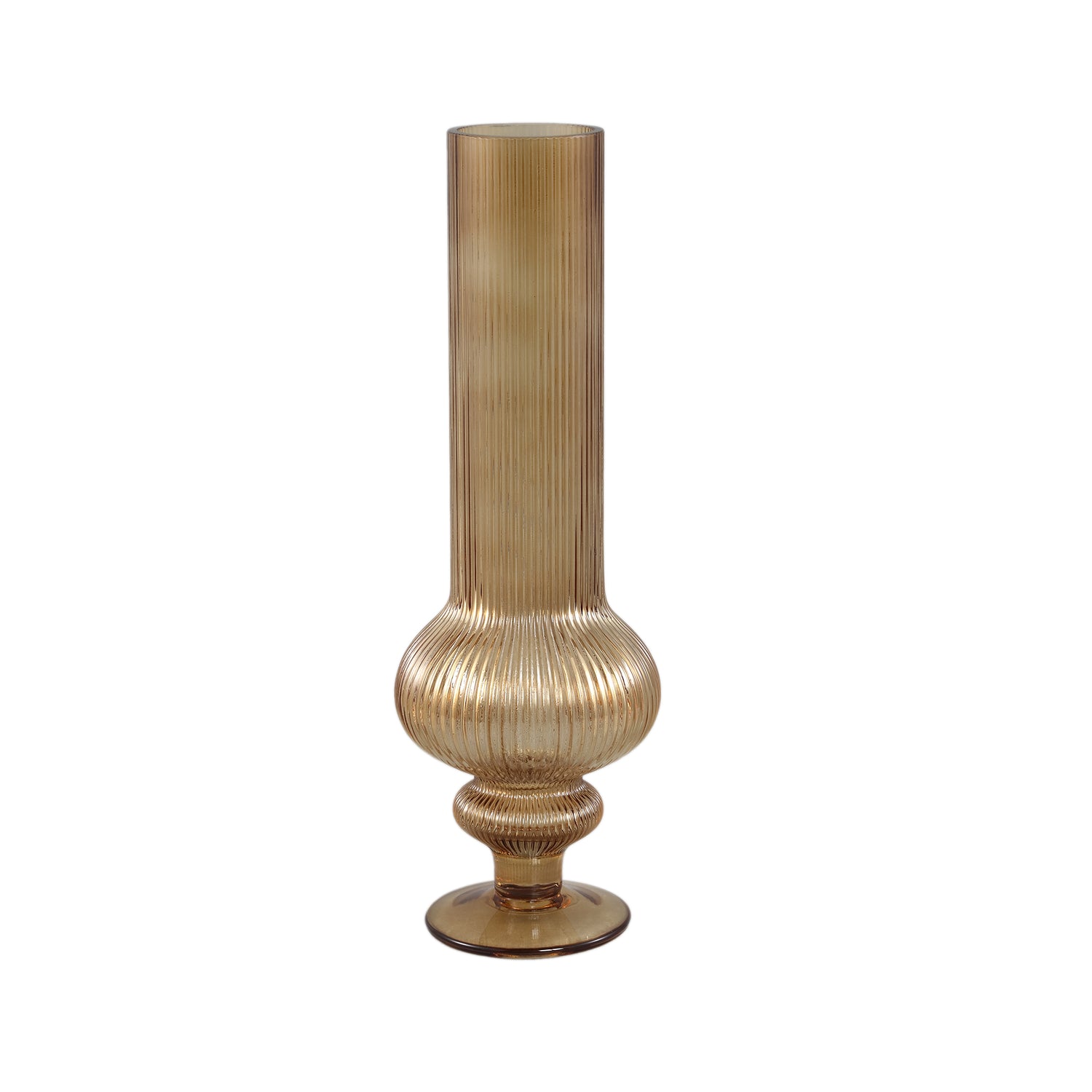 Keala Amber Round Ribbed Glass Vase On Base S Dia13,5xH40cm PTMD - Vaas - PTMD - livinglovely.nl