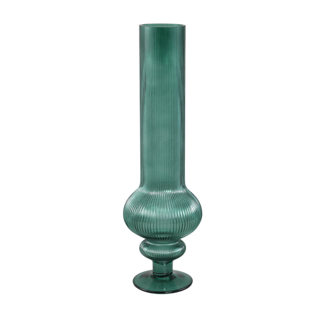 Keala Dark Green Round Ribbed Glass Vase On Base L Dia 15,5xh50cm PTMD - Vaas - PTMD - livinglovely.nl