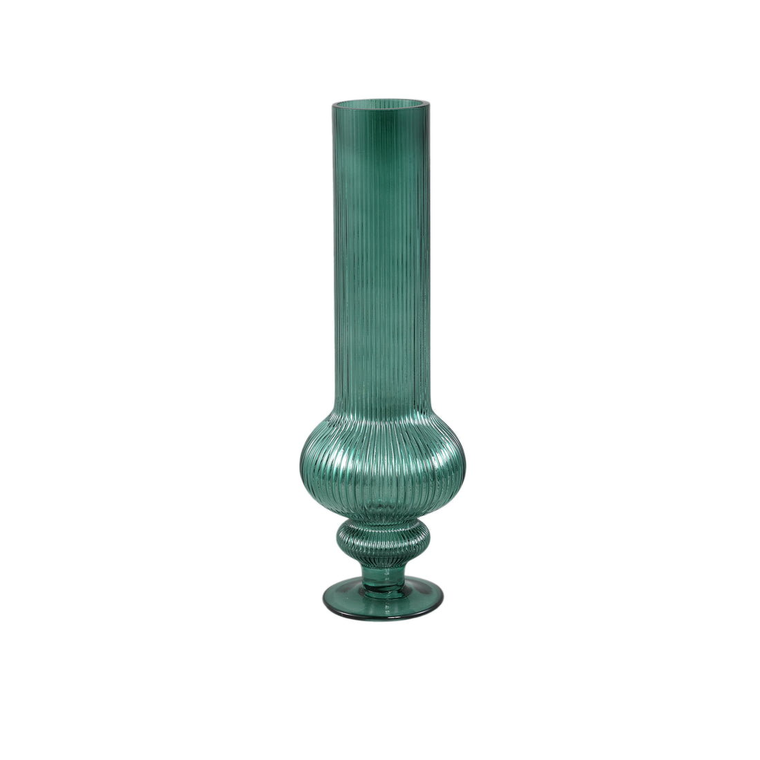 Keala Dark Green Round Ribbed Glass Vase On Base S Dia13,5xH40cm PTMD - Vaas - PTMD - livinglovely.nl