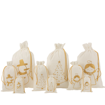 Kerst Zak Engel + Boom + Sneeuwpop Velvet Wit/Goud Large Set van 3 - Cadeauverpakking - J-Line - livinglovely.nl