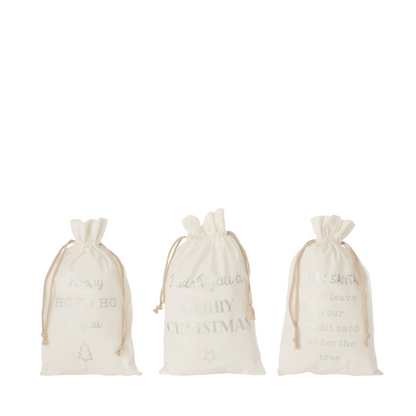 Kerst Zak Engels Velvet Wit Medium Set van 3 - Cadeauverpakking - J-Line - livinglovely.nl