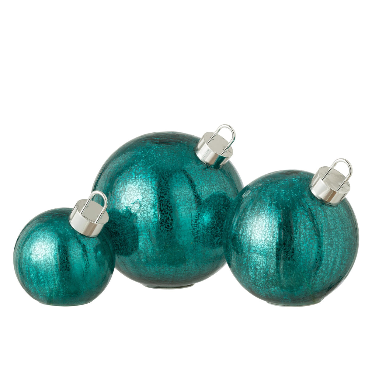 Set van drie turquoise kerstballen van J-Line in oplopend formaat op een witte ondergrond