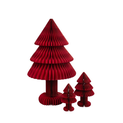 Kerstboom Vouwbaar Papier Kerstrood Large van J-Line, de drie maten uit de serie naast elkaar