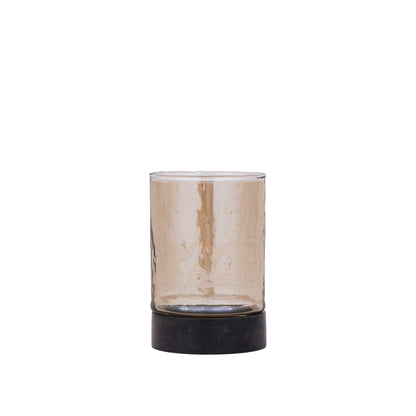 Keylan Windlicht Bruin Luster Small van PTMD, glazen cilinder op een houten voet op witte achtergrond