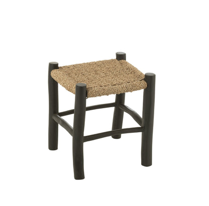 Kruk Vierkant Teak Hout/Zeegras Zwart/Naturel