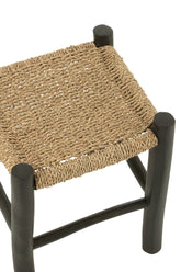 Kruk Vierkant Teak Hout/Zeegras Zwart/Naturel - Kruk - J-Line - livinglovely.nl
