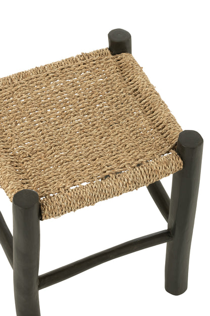 Kruk Vierkant Teak Hout/Zeegras Zwart/Naturel - Kruk - J-Line - livinglovely.nl