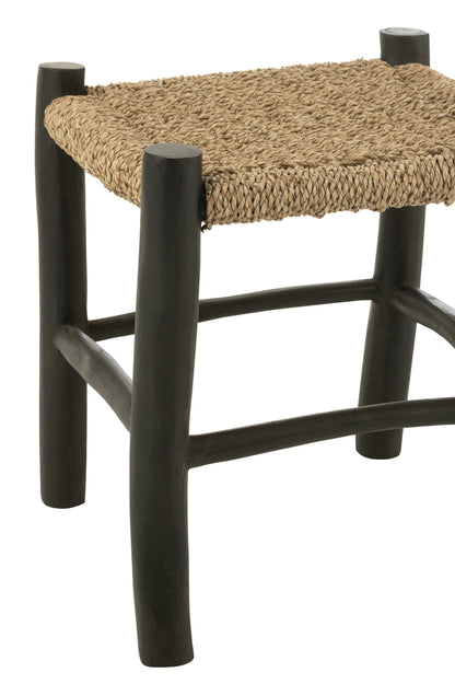 Kruk Vierkant Teak Hout/Zeegras Zwart/Naturel - Kruk - J-Line - livinglovely.nl