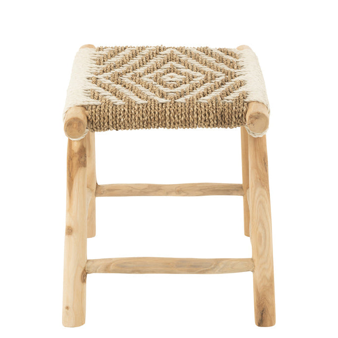 Kruk Waverly Teak Hout/Zeegras Naturel/Wit - Kruk - J-Line - livinglovely.nl