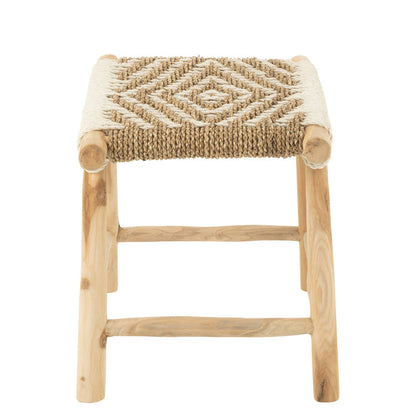 Kruk Waverly Teak Hout/Zeegras Naturel/Wit - Kruk - J-Line - livinglovely.nl