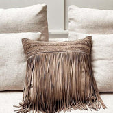 Kussen Franjes Vierkant Leer Lichtgrijs - Kussen - J-Line - livinglovely.nl