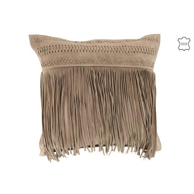 Kussen Franjes Vierkant Leer Lichtgrijs - Kussen - J-Line - livinglovely.nl