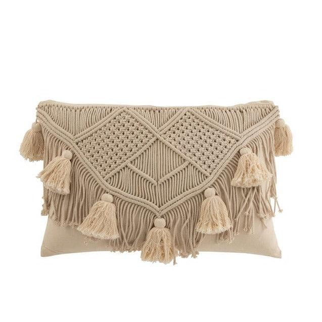 Kussen Pompom Macrame Rechthoek Katoen Beige - Kussen - J-Line - livinglovely.nl
