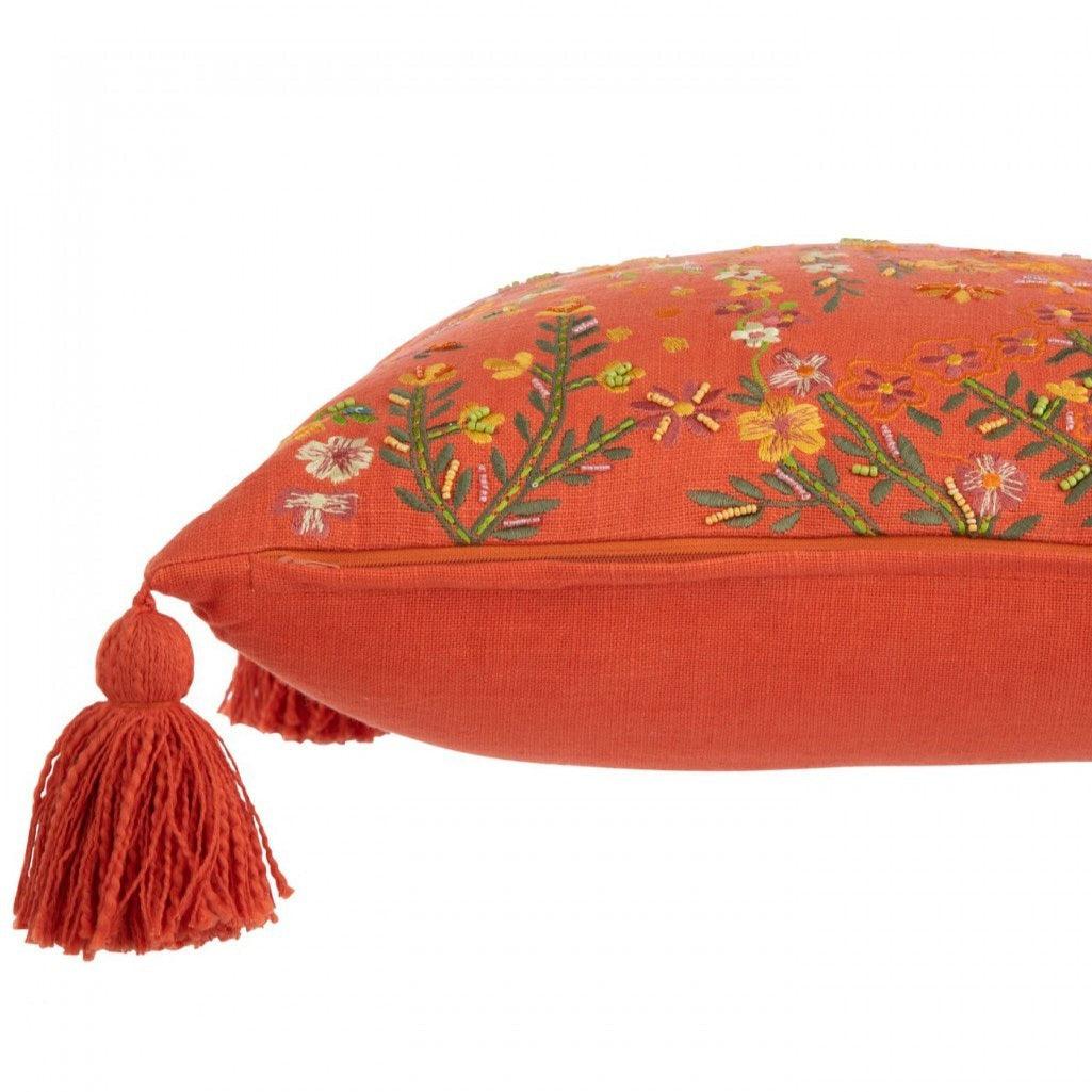 Kussen Vierkant Bloemen + Kwastjes Katoen Oranje - Kussen - J-Line - livinglovely.nl