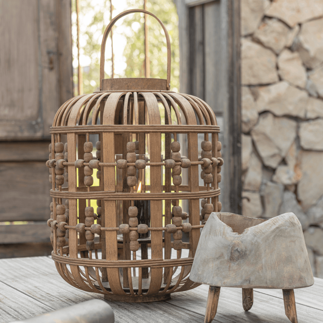 Lantaarn Kralen Hout Naturel - Lantaarn - J-Line - livinglovely.nl