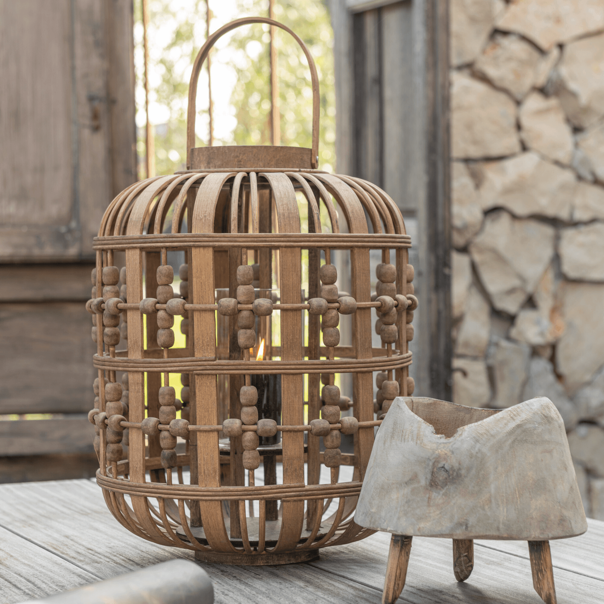 Lantaarn Kralen Hout Naturel - Lantaarn - J-Line - livinglovely.nl