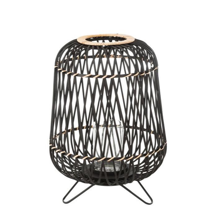 Lantaarn Op Voet Bamboe Zwart/Naturel Medium - Lantaarn - J-Line - livinglovely.nl