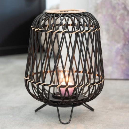 Lantaarn Op Voet Bamboe Zwart/Naturel Small - Lantaarn - J-Line - livinglovely.nl